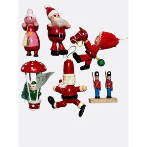 Vintage Wooden Christmas Ornament Decor Set Of 6 Santa & Characters